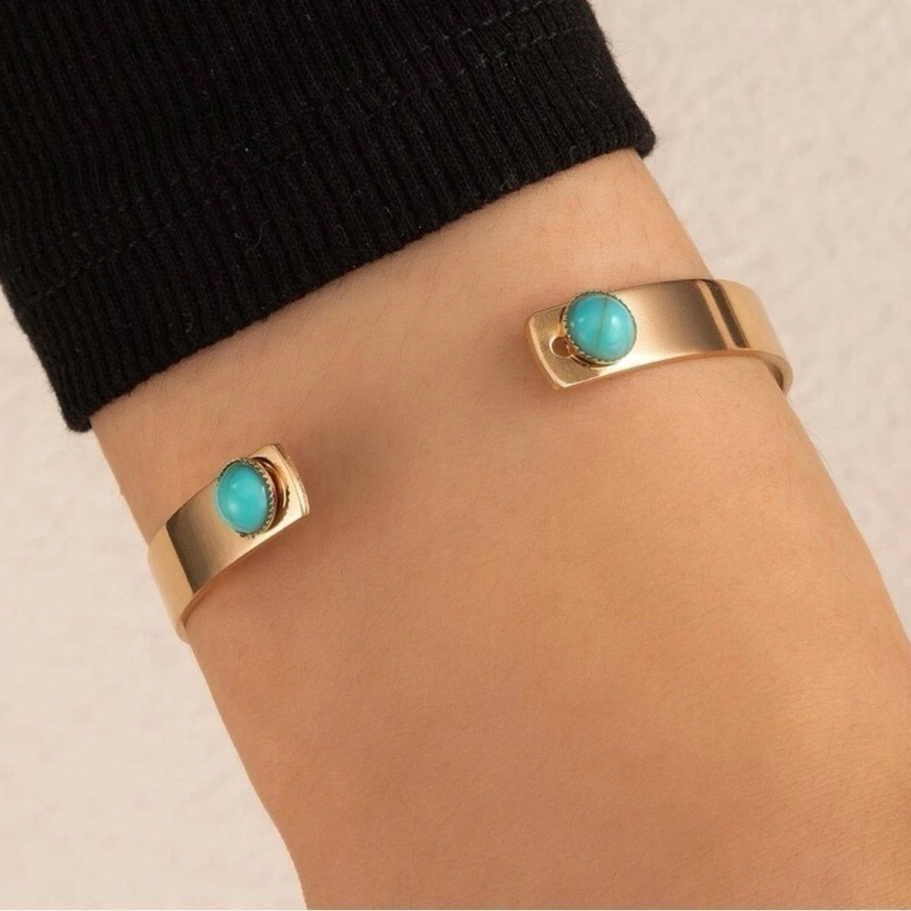 Gold + Turquoise Cuff Fashion Bracelet, Adjustable
